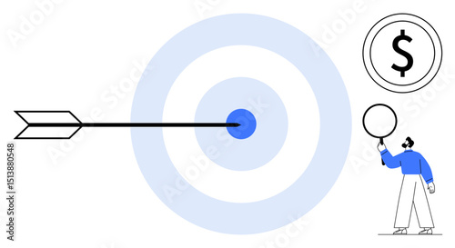 Arrow hitting targets center, person with circle, and dollar sign highlight focus, precision, and results. Ideal for success, goal-setting, business strategy, investment financial growth marketing