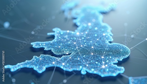 Illustration United Kingdom communication network map. Digital network infrastructure design emphasizing satellites role, connectivity, information exchange. Visualisation global technology data
