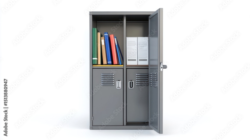 Open gray locker with files and books Open gray locker with files and books