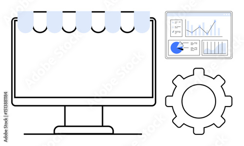 Computer screen with storefront awning, analytics chart with graphs, and gear representing online business management. Ideal for e-commerce, strategy, analytics, innovation, development, marketing