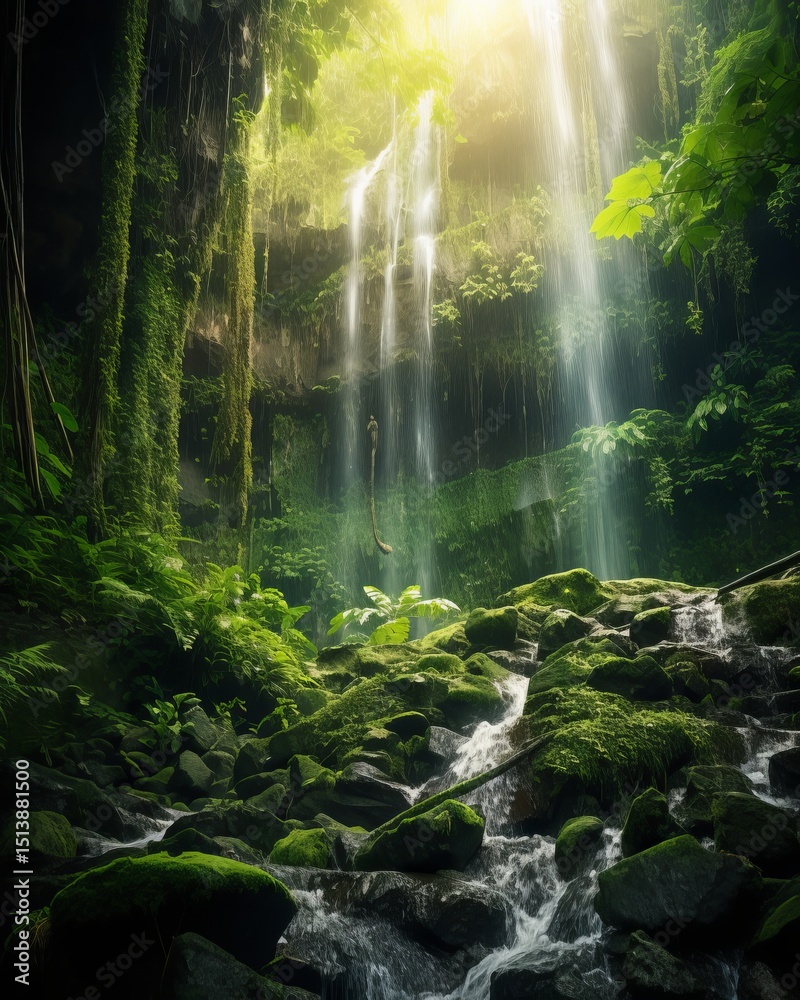 Fototapeta premium Lush rainforest waterfall cascading through mossy rocks sunlight beams