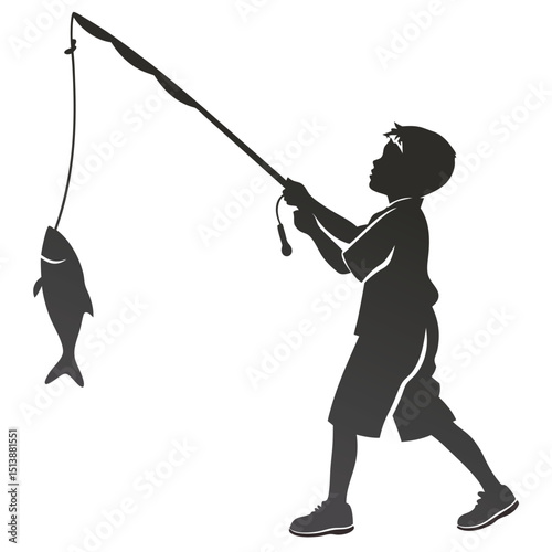 Silhouette of a boy holding a skewer with a fish eps