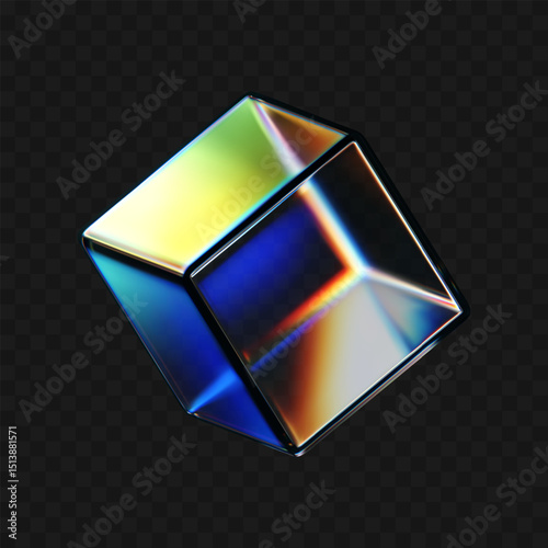 3D crystal glass cube with refraction and iridescent effects isolated on dark background. Render transparent rotating glass box with neon dispersion light and rainbow gradient. 3d vector figure