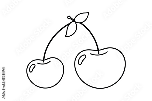 Simple black and white outlined illustration of two cherries with stems and leaves