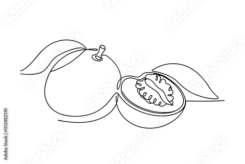 Minimalist one line art illustration of a whole peach next to a halved juicy fruit.