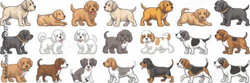 Vector icon sheet of puppies in different poses and breeds – Ideal for veterinary services, dog training apps, or pet adoption campaigns