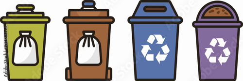 Vector icon sheet of trash bins with different colored bags – Perfect for recycling campaigns, sustainability education, or eco-friendly design.