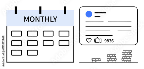 Calendar with monthly overview, social media post with thumbs ups and engagement metrics, stacked coins representing financial progress. Ideal for organization, planning, social media, finance