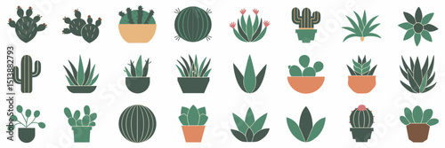 Minimal vector icon grid of cacti and succulents – Ideal for modern eco-themed products, gardening blogs, or plant store branding.