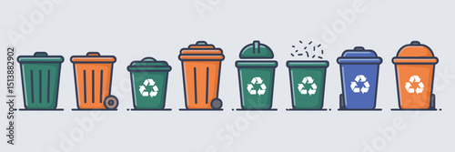 Vector icons of assorted trash cans lined in a row – Suitable for sanitation infographics, waste sorting guides, or environmental apps.