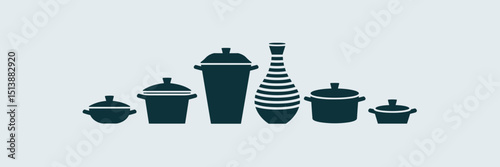 Minimalist vector icon set of stylized pots – Perfect for modern kitchen design, minimalist packaging, or product catalogues.