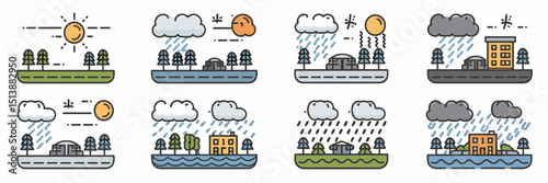 Vector icon sheet of diverse landscapes with sunny, cloudy, snowy, rainy, and stormy weather – Ideal for weather apps, education, or travel content