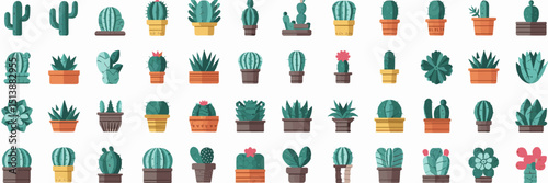 Vector icon sheet of succulent plants in grid layout – Ideal for gardening websites, eco-friendly branding, or plant lover merch.