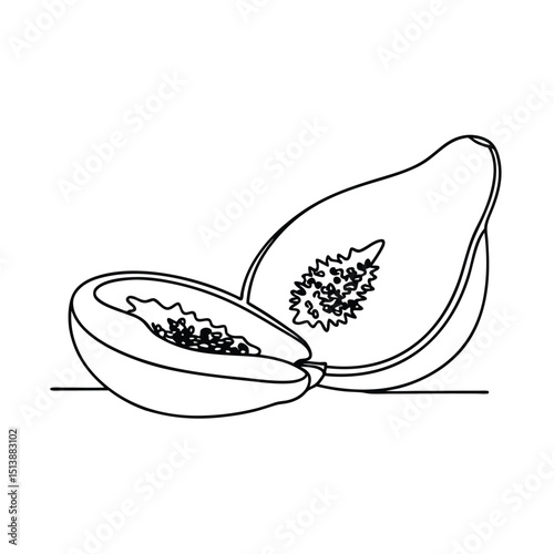 Simple black and white line art illustration of a freshly cut ripe papaya fruit