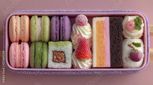 Delightful dessert bento box featuring array of colorful sweets, including macarons, pastel treats, and decorative cakes, perfect for sweet indulgence