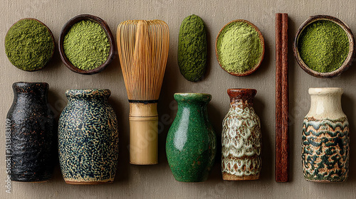 Flat lay of matcha utensils and organic textures, featuring various bowls and bamboo whisk, creating serene and inviting atmosphere for tea preparation
