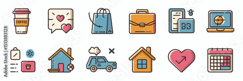 Vector icon sheet of modern daily life essentials – Suitable for digital planners, minimalist lifestyle branding, or user interface design
