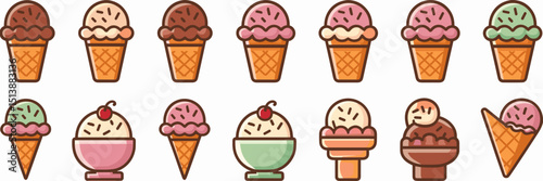Ice cream icon sheet featuring multiple flavors and styles on white background