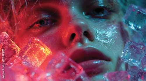 Close up portrait of person surrounded by glowing ice cubes, showcasing futuristic skincare theme. vibrant colors and wet skin create striking visual effect, evoking sense of beauty and innovation