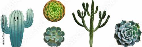 Cute vector icons of smiling and colorful succulents – Great for children’s products, quirky gift items, or playful home decor.