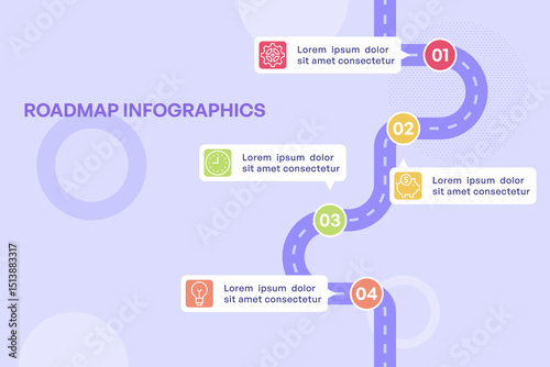 Spiral Infographic Path with Four Colored Icons and Vertical Alignment