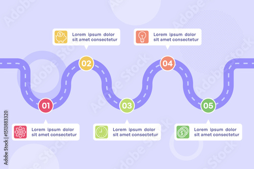 Five Point Wavy Roadmap Design with Gradient Circles and Icons