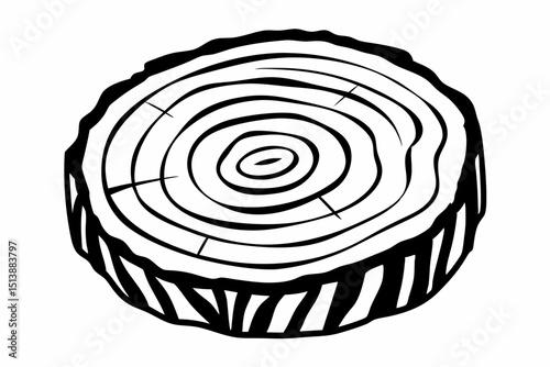 Black and white artistic illustration of a detailed wood slice or tree trunk