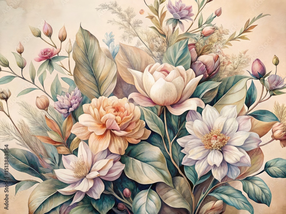 Fototapeta premium Pastel Botanical Prints: Interlocking Floral Illustrations, Beige Background, Nature Art