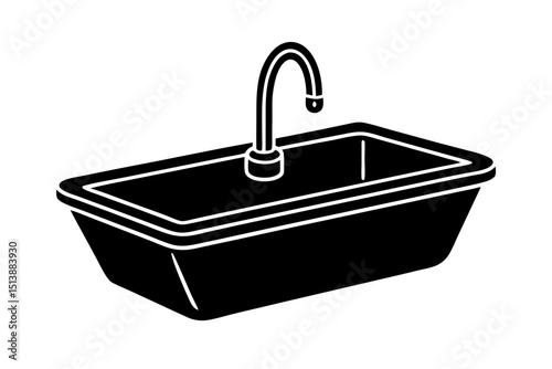 Black and white minimalist illustration of a modern rectangular sink with faucet