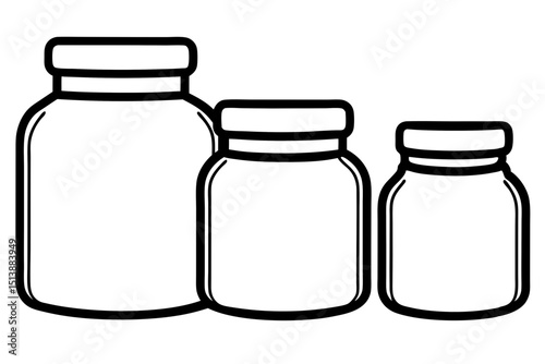 Black and white outline illustration of three jars with lids in various sizes