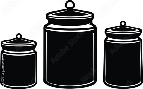 Black and white illustration of three glass jars with lids for storing food ingredients