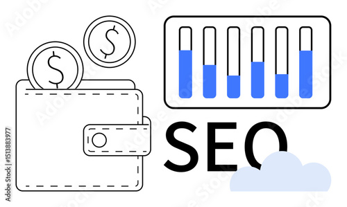 Wallet holding coins next to a performance chart and SEO label. Ideal for finance, analytics, monetization, marketing, online strategy, business growth, simple landing page