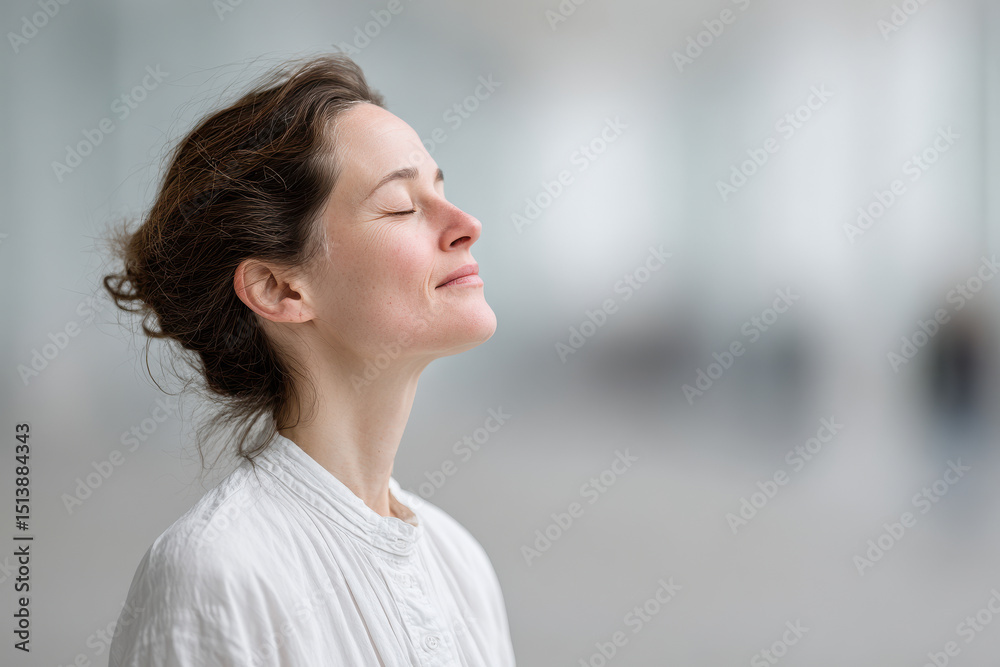 Fototapeta premium serene yoga instructor in light minimalist interior positioned to left of frame