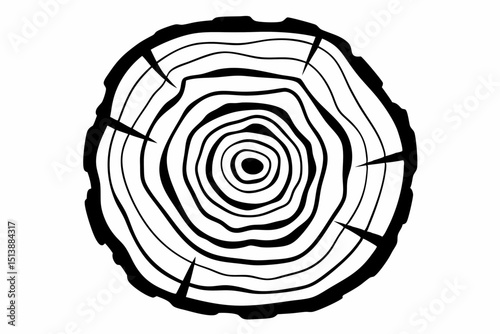 Graphic black and white wood slice with growth rings illustrating nature's details