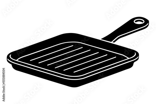 Isometric view of a black grill pan with handle and grid pattern