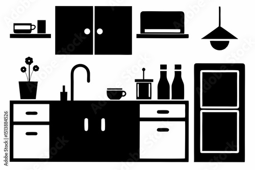 Kitchen interior design vector illustration in modern monochrome flat style