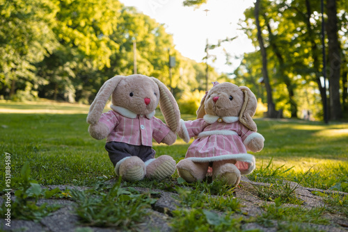 Plush toys rabbits hold on to the paws in the nature in the park