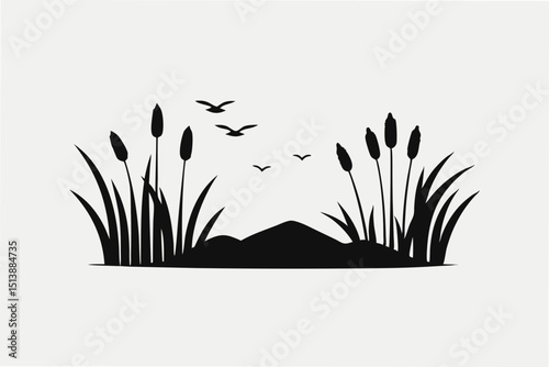Silhouette landscape depicting reeds and flying birds on a transparent background