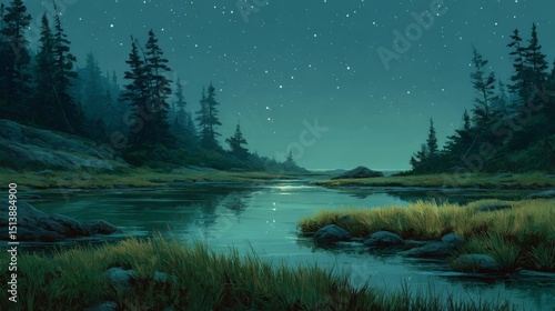 Night Landscape with Starry Sky and Calm Water