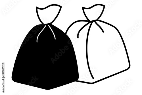 Simple black and white vector illustration of two tied up garbage bags