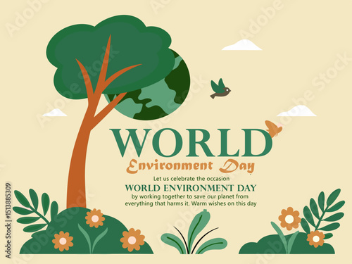A flat vector illustration for World Environment Day featuring a large tree, green Earth globe, flowers, leaves, and birds, with text promoting environmental awareness on a soft yellow background