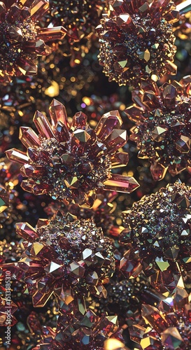 Abstract cluster of multifaceted, glittering, reddish-gold crystals