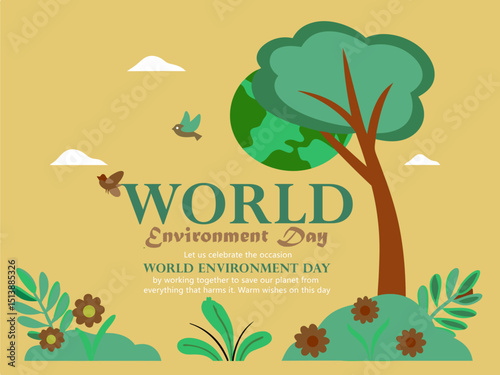 A flat vector illustration for World Environment Day featuring a large tree, green Earth globe, flowers, leaves, and birds, with text promoting environmental awareness on a soft yellow background