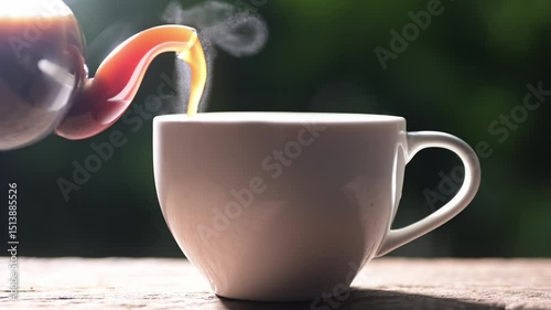 Steaming mug of americano coffee poured from a pot dark green background beverage concept cozy environment close-up view.
