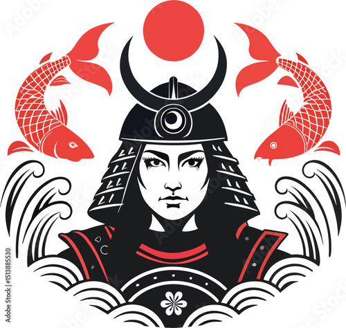 Japanese Female Samurai with Koi Fish and Rising Sun – Vector Illustration in Traditional Style