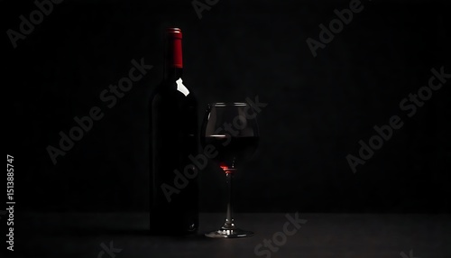 Elegant Dark Wine Bottle and Half-Filled Glass – Moody Red Wine Still Life, Dramatic Lighting, Black Background, Fine Dining Atmosphere  created with generative ai