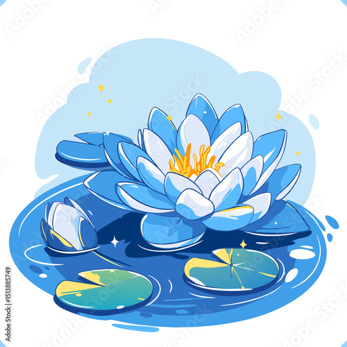Flat vector illustration of water lily on the white background. Blue flowers and green leafs