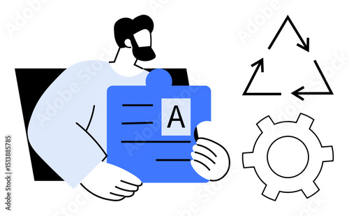 Man with document featuring text, beside recycle symbol and cogwheel. Ideal for sustainability, teamwork, education, innovation, eco concepts, business processes, and simple landing page