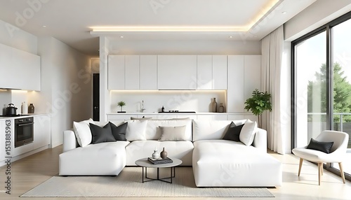 Elegant Open Concept White Kitchen and Living Room with Scandinavian Aesthetic, created with generative ai
