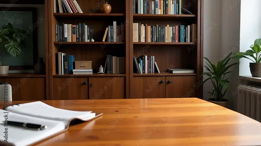 Serene Home Office Workspace with Bookshelves Plants and Open Notebook Ready for Work or Study Serene Home Office Workspace with Bookshelves Plants and Open Notebook Ready for Work or Study